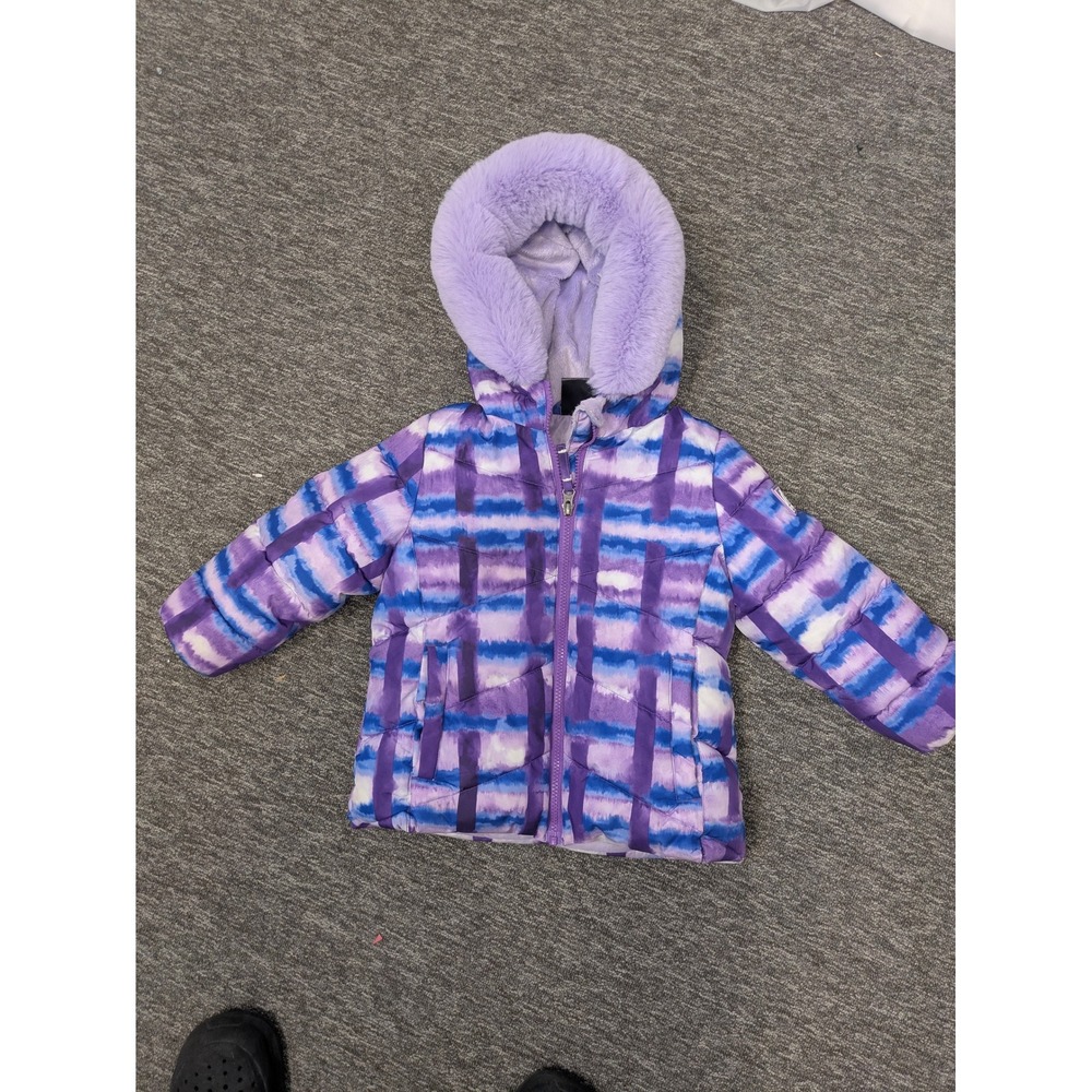 Snozu‎ Girl's Size 4T Puffer Jacket Purple Blue Plaid Hooded Faux Fur Trim